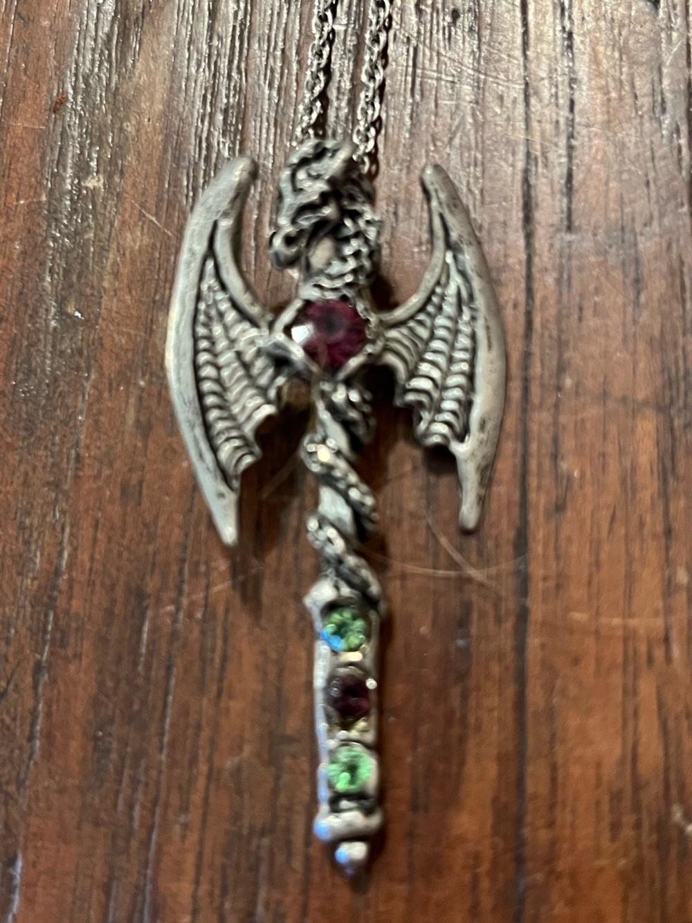 Vintage Fellowship Foundry Pewter Dragon Sword Rhinestone Pendant Necklace